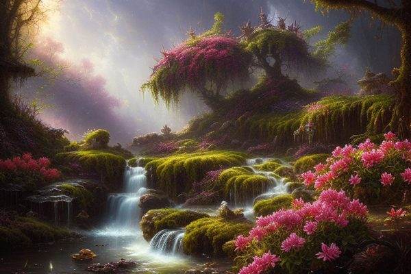 Obraz promienie słońca nad doliną ze strumieniem