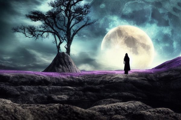 Obraz z drzewem na wrzosowisku