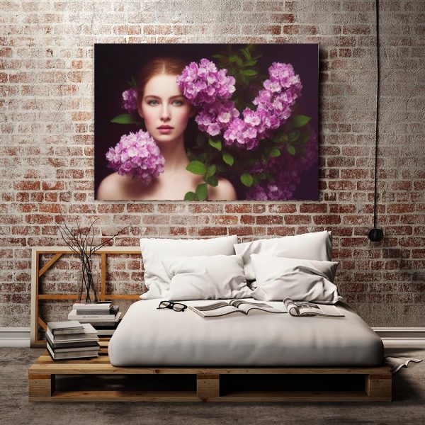 Obraz z dziewczyną i hortensjami
