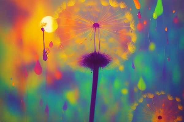 Obraz z kolorowym dmuchawcem w deszczu