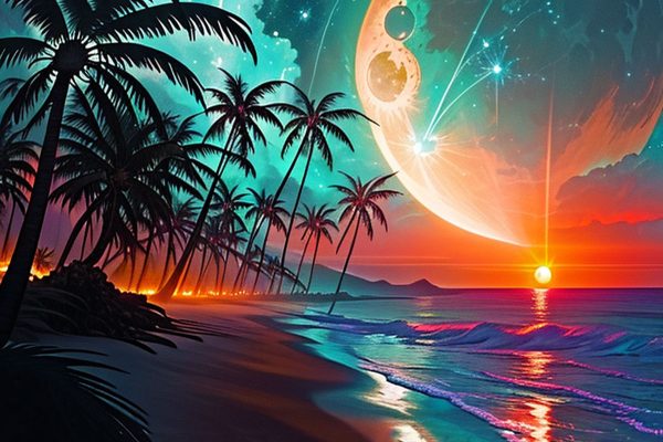 Obraz z motywem palm i zachodem słońca