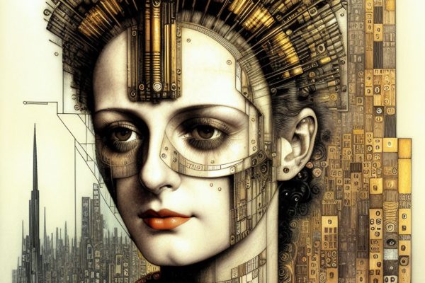 Obraz z motywem twarzy na tle wieżowców