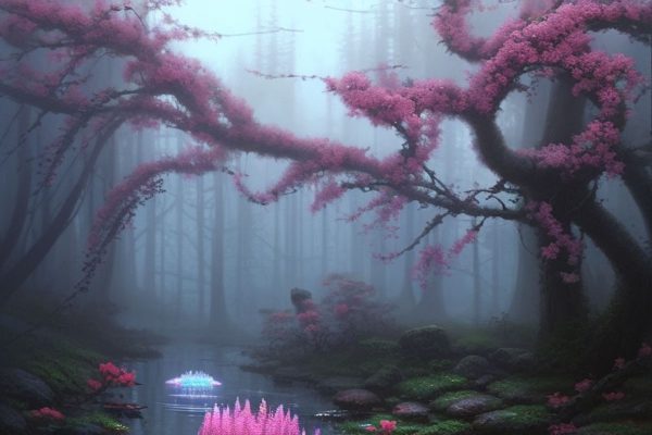 obraz z tajemniczym lasem