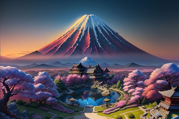 Obraz z Fudżi i osadą