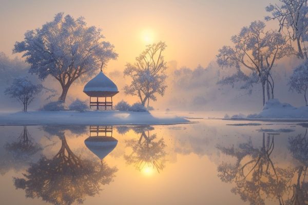 Obraz zimowy pejzaż o zachodzie słońca